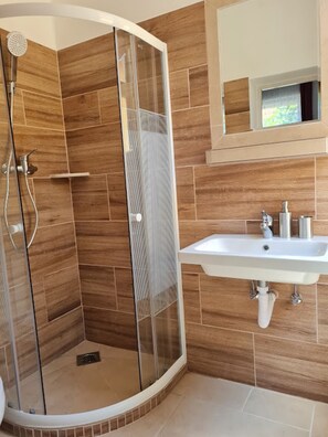Habitación Deluxe | Baño | Ducha, secador de pelo, toallas y papel higiénico
