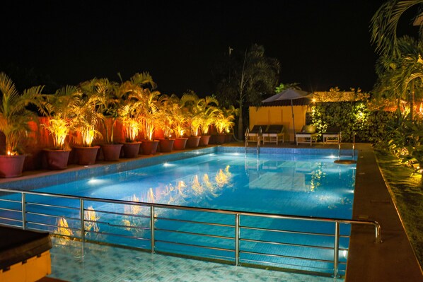 Una piscina con barandilla de metal, rodeada de plantas en macetas y palmeras, de noche.