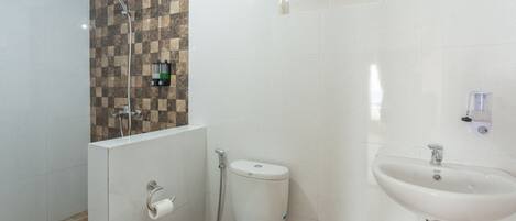 A bathroom with a toilet, a sink, and a shower.