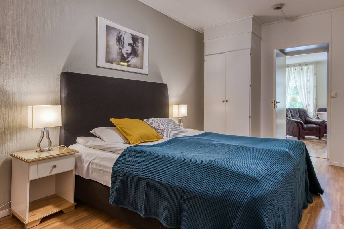 Hypo-allergenic bedding, memory-foam beds, desk, laptop workspace