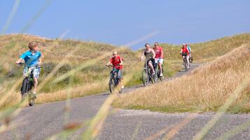 Un groupe de personnes fait du vélo sur un chemin pavé, entouré d’herbe et de collines.