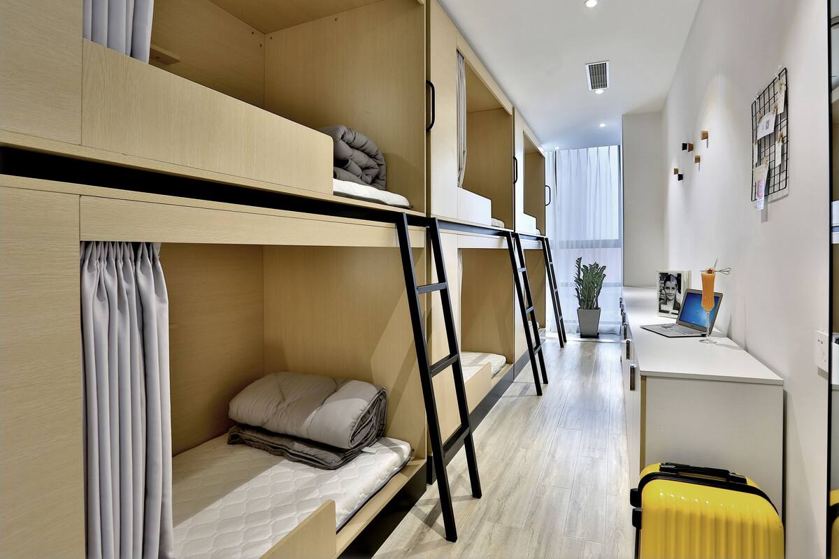 Una habitación de hotel moderna con literas, un escritorio con una computadora portátil, una planta en maceta y una maleta.