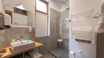 A modern bathroom with a large sink, mirror, and a glass-enclosed shower.