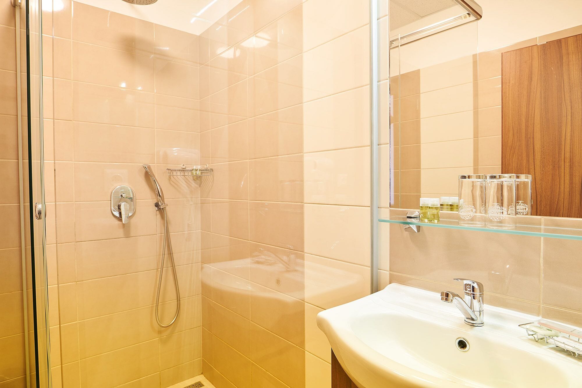 A modern bathroom with a glass shower enclosure, a built-in sink, and a mirror above the sink.