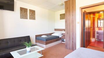 A hotel room with a bed, a sofa, a small table, and a TV.