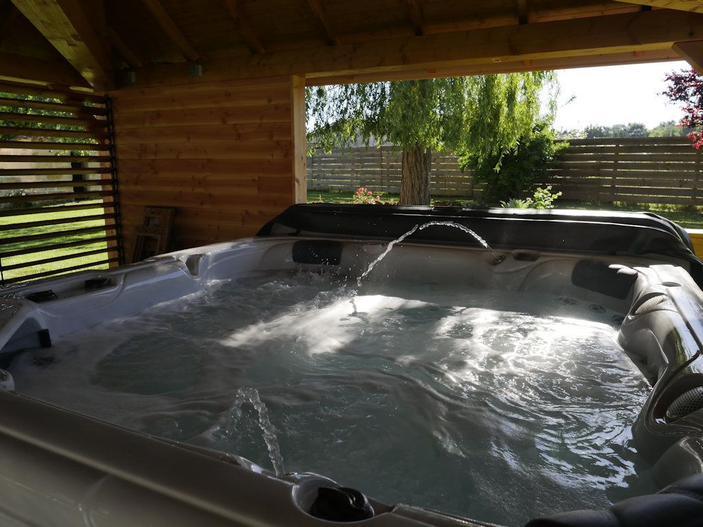 Ein Whirlpool mit fließendem Wasser, eingebettet in eine Holzhütte mit Blick auf grüne Natur.