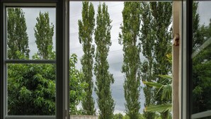 A view through a window of a backyard with a pool, wooden deck, and a grassy lawn. - Le Domaine d'Ardgalen (Val de Virvée)