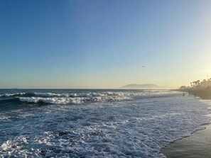 En la playa y camastros 