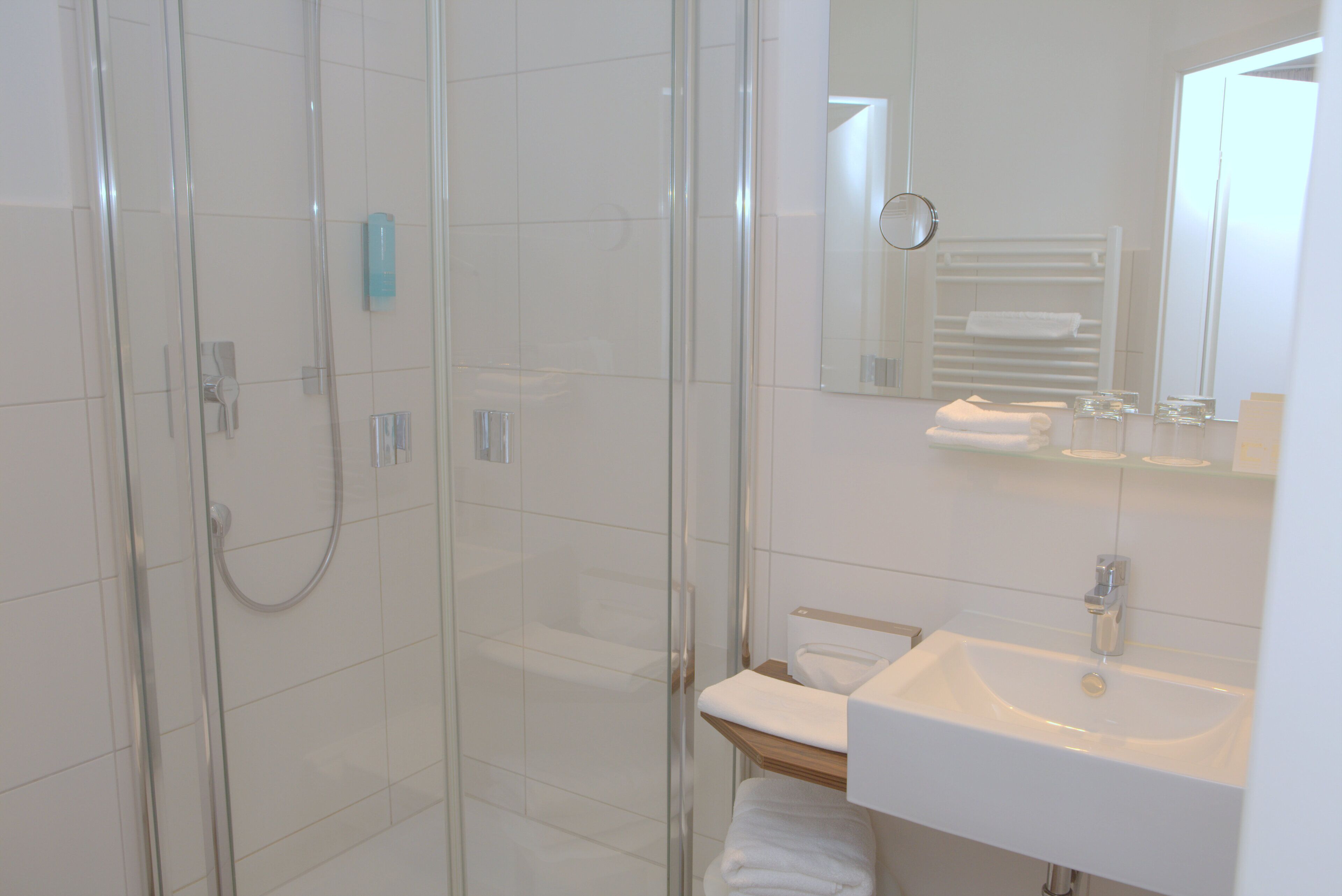 A modern bathroom with a glass-enclosed shower, a white sink, and a mirror above the sink.