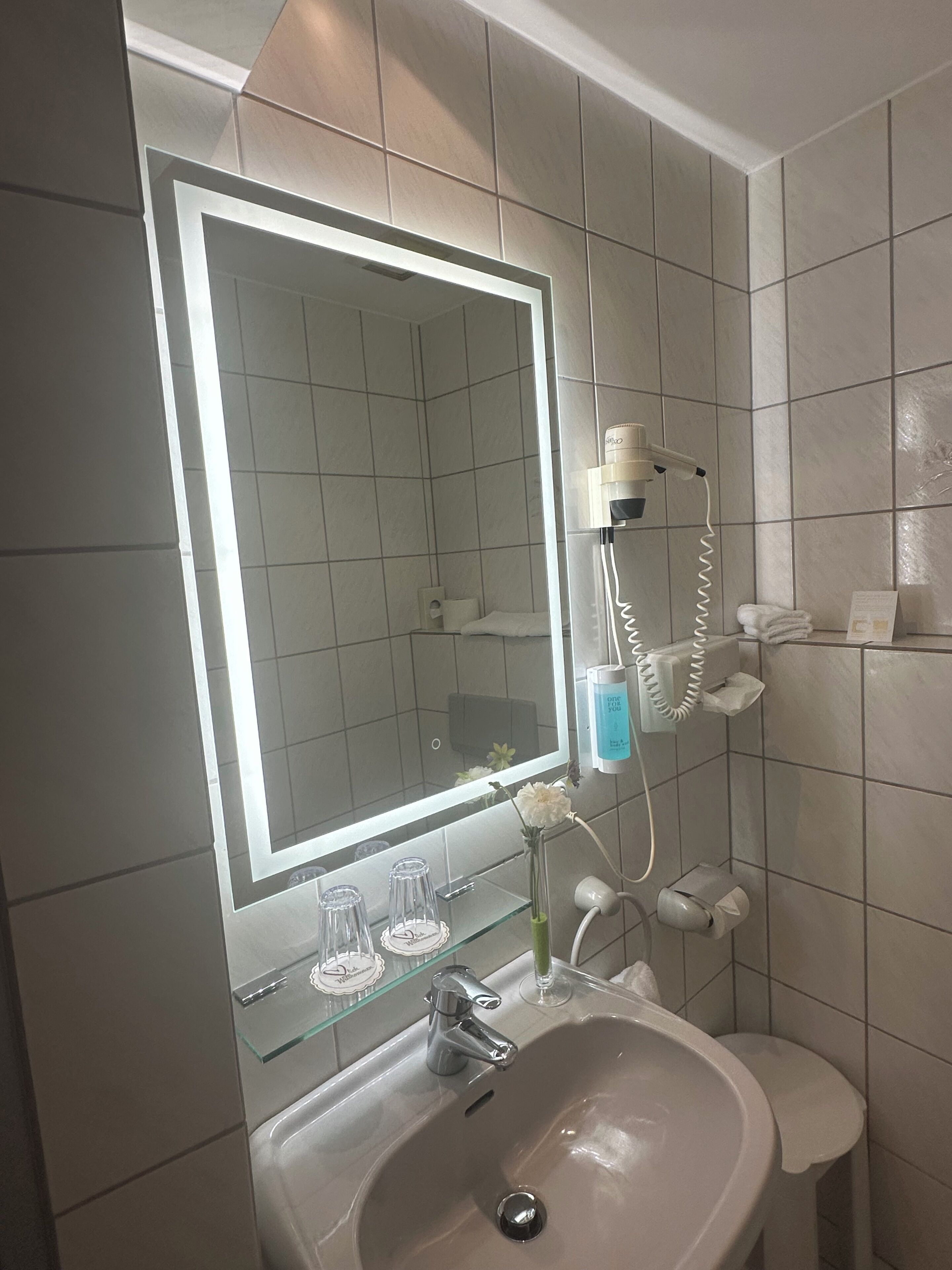 Un bagno con uno specchio grande, un lavandino, un asciugacapelli e uno scaffale in vetro con articoli da toilette.