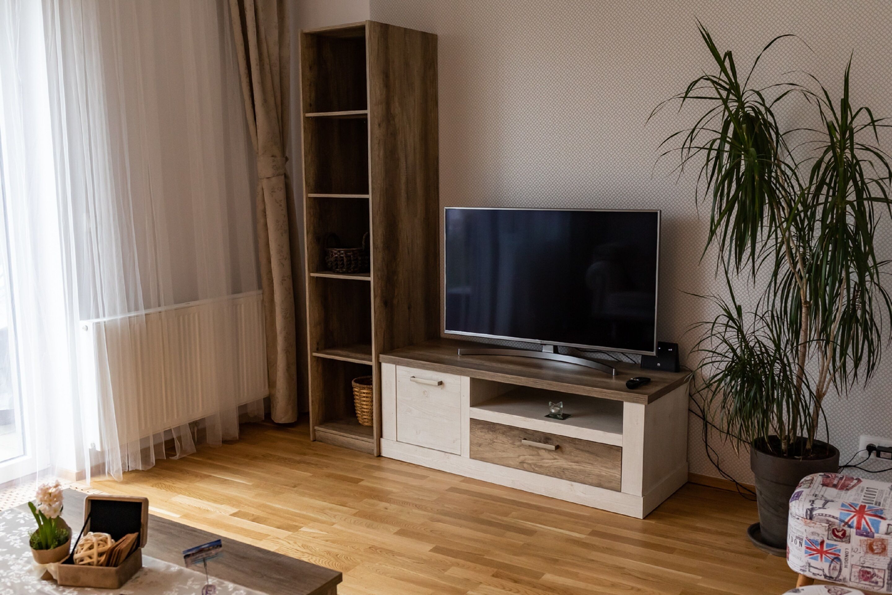 Ein modernes Wohnzimmer mit einer Holz-Unterhaltungsanlage, einem Flachbildfernseher, einer Topfpflanze und einem kleinen Tisch mit einer Vase.