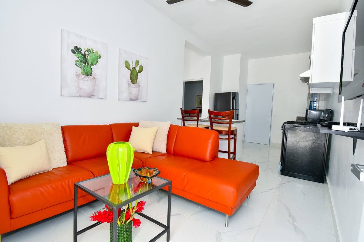 Un salon moderne avec un canapé orange, une table basse en verre et deux tableaux représentant des cactus accrochés au mur.
