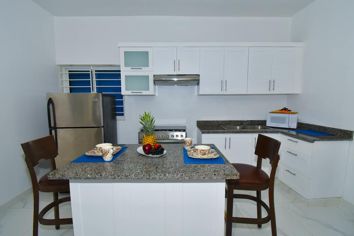 Deluxe Apartment, 2 Bedrooms, Kitchen | Private kitchen | Fridge, microwave, oven, stovetop