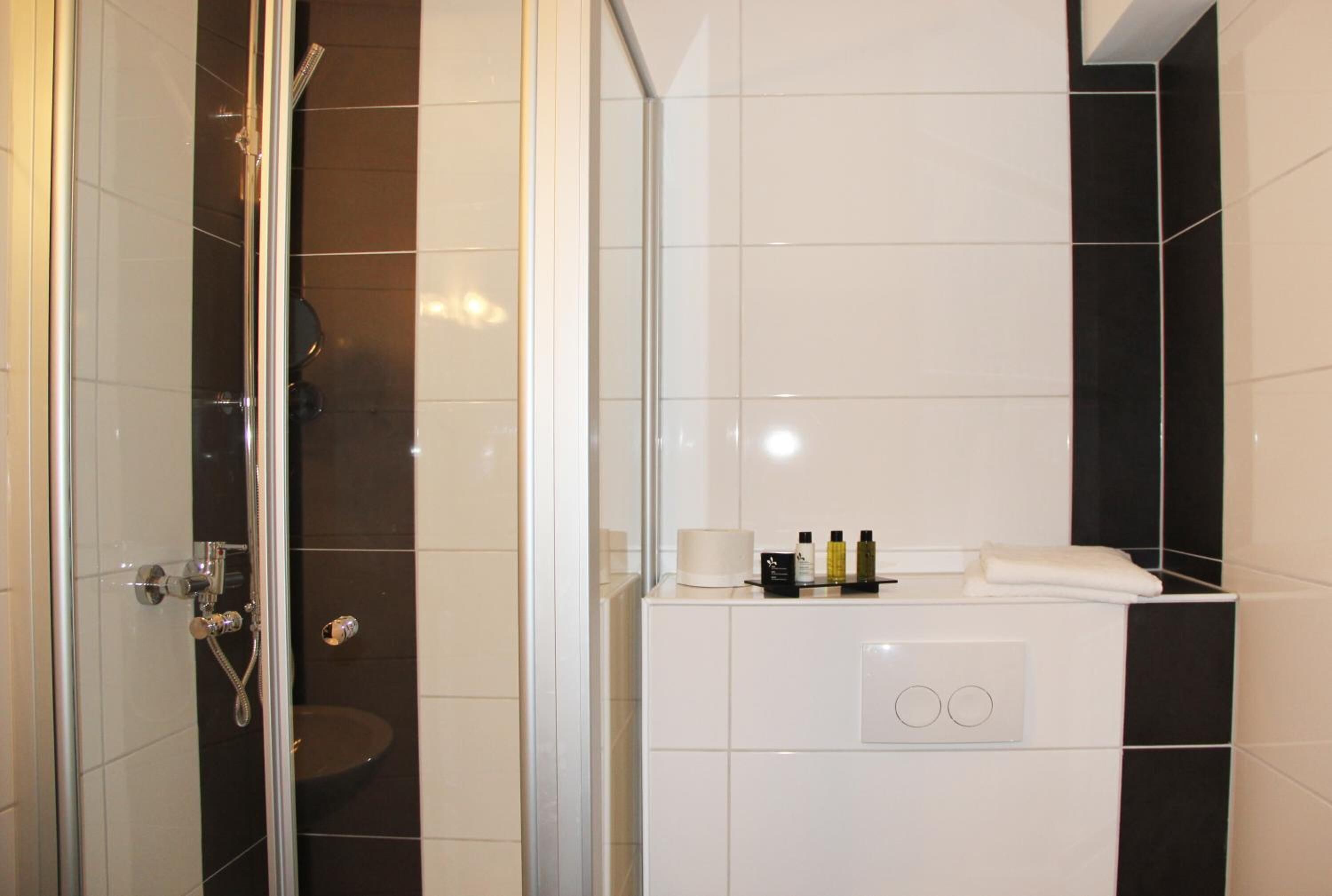 A modern bathroom with a glass shower enclosure, a toilet, and a vanity with toiletries.