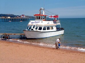 A boat named 'Dart Princess' docked at a pier with a sandy beach in the foreground. - Rosemead Guest house (Paignton)