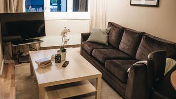 A living room with a TV, a coffee table with books and a plant, a brown sofa, and a window with curtains.