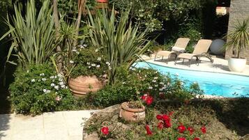 Um jardim com piscina, plantas em vasos e um muro de tijolos.