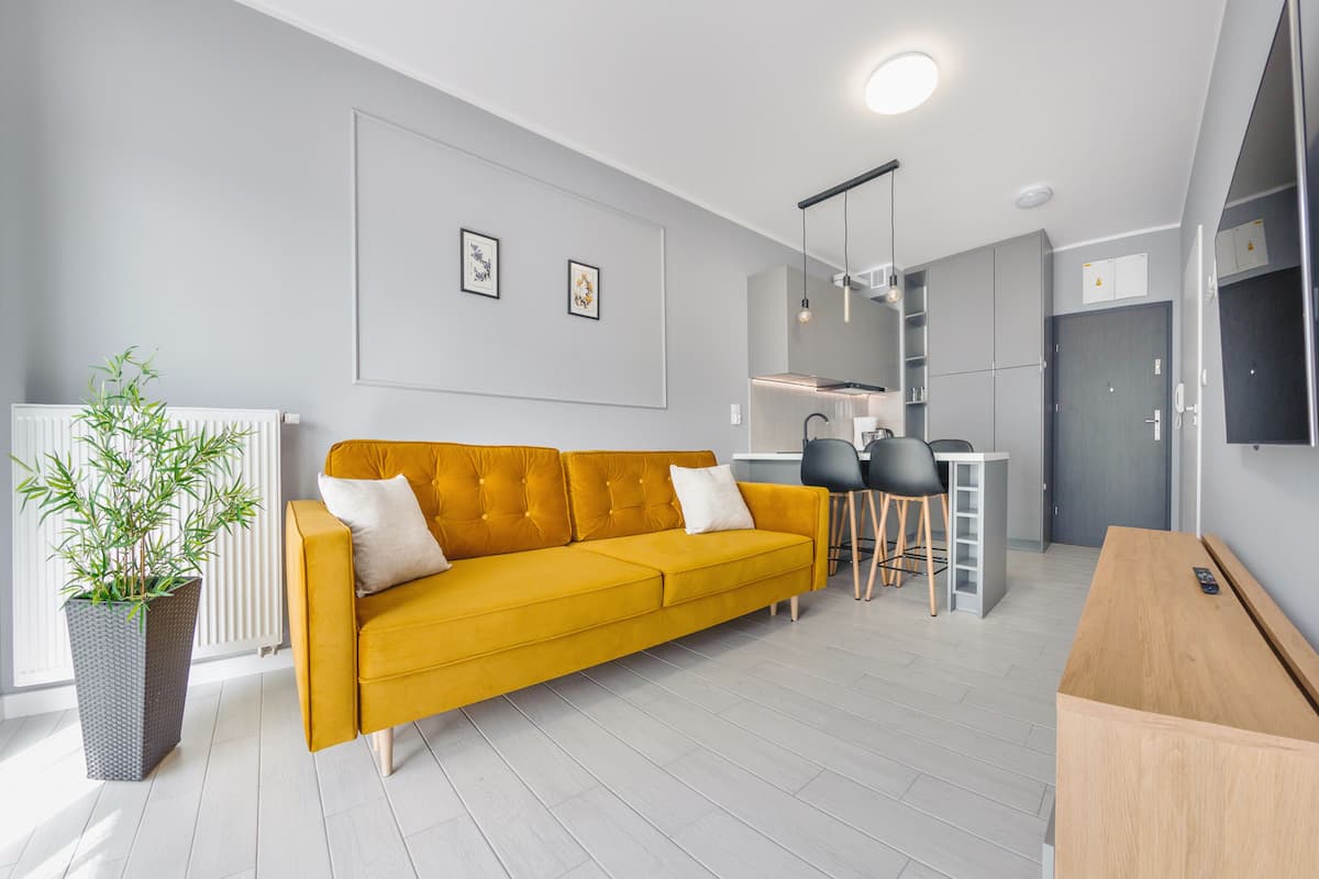 Een moderne woonkamer met een bank, een eettafel en stoelen. Er is een radiator, een potplant en een plafondlamp.