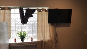 Et værelse med et vindue, et fladskærms-tv på væggen og en potteplante på vindueskarmen.