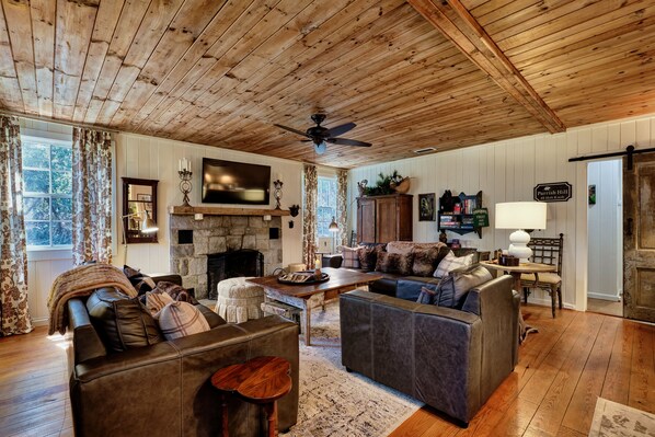 Smart TV, fireplace, books