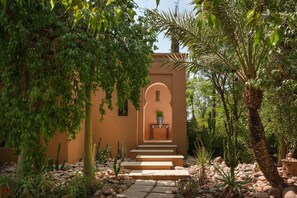 Un jardín con una escalera que lleva a un edificio, rodeado de diversas plantas y cactus.