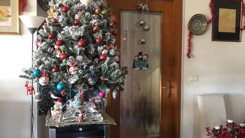 A living room with a decorated Christmas tree, a door with a frosted glass panel, and a framed picture on the wall.