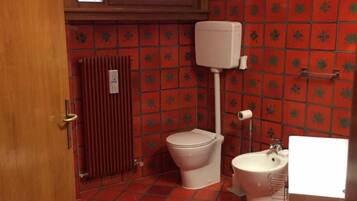 A bathroom with red tiled flooring, a toilet, a bidet, and a radiator.