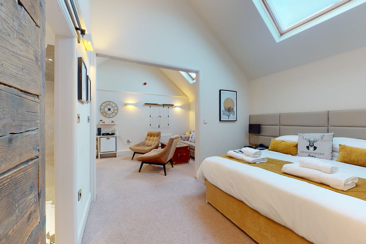 A modern bedroom with a large bed, a sitting area with a chair, a small kitchenette, and a skylight.