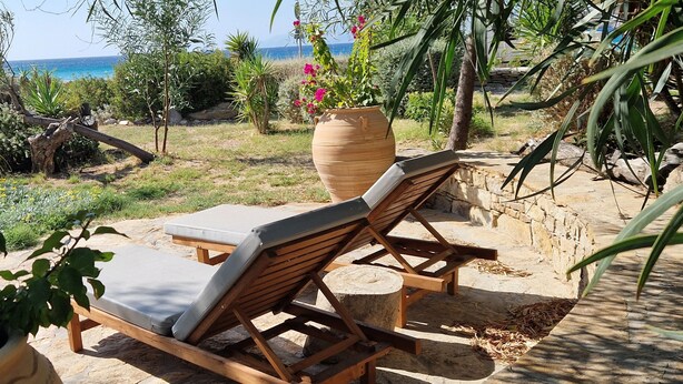 A sunlit outdoor seating area with two wooden lounge chairs and a large terracotta pot with flowers. - Beautiful beachfront property (Chora, Ios)