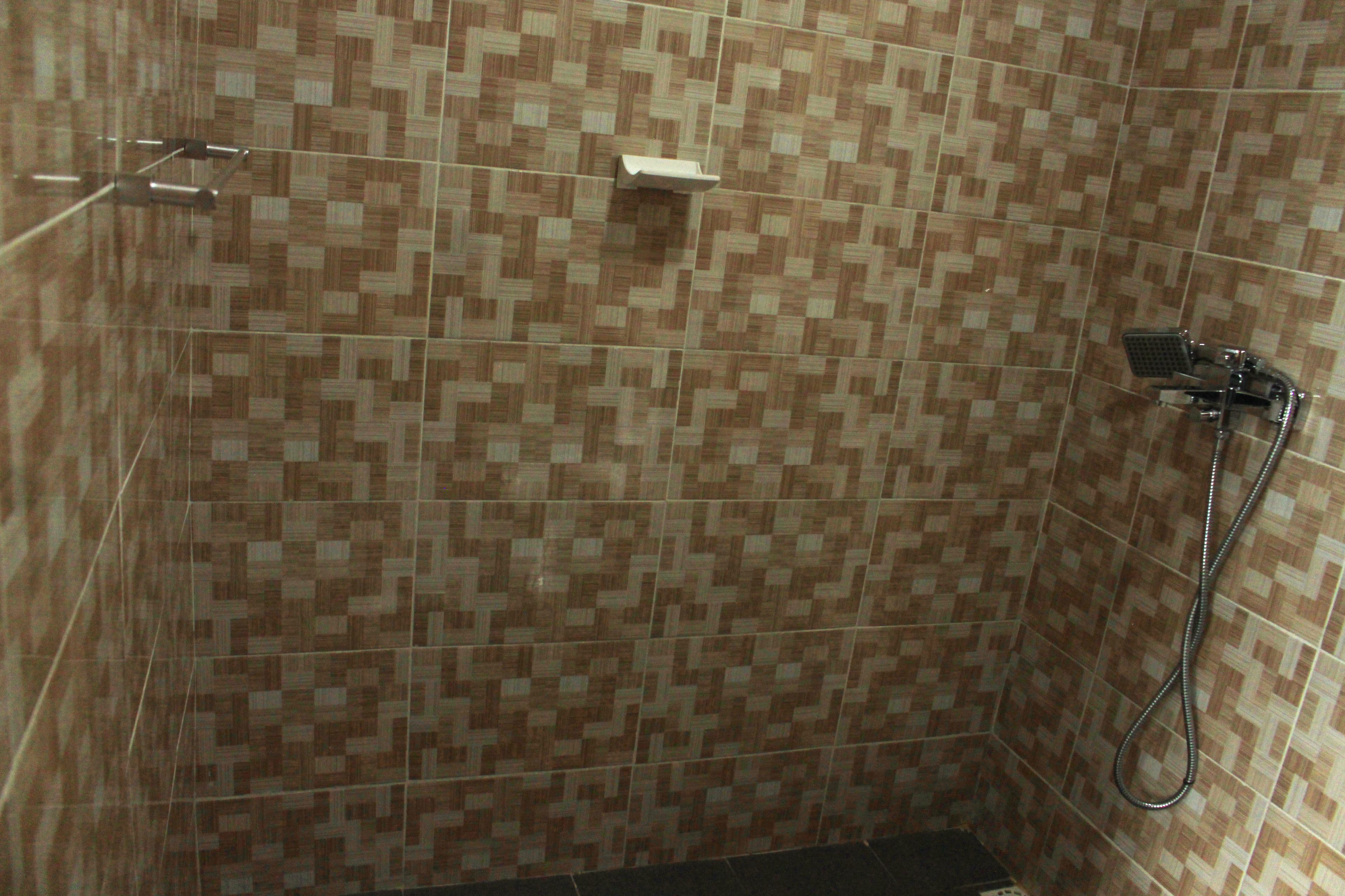 Een douchegedeelte met een betegelde muur met patroon, een handdouche en een klein plankje.