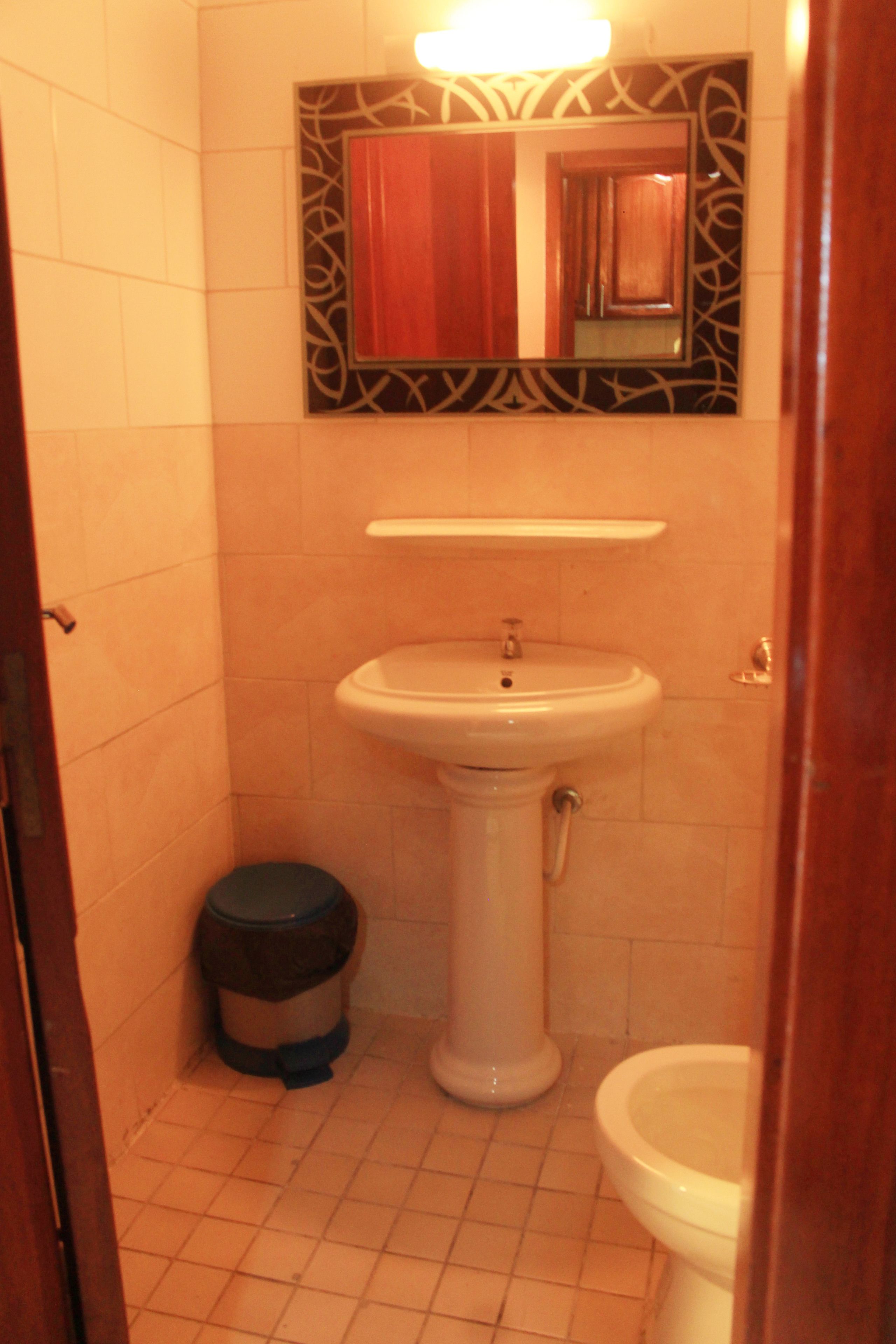 Um banheiro pequeno com pia de pedestal, vaso sanitário e lixeira.