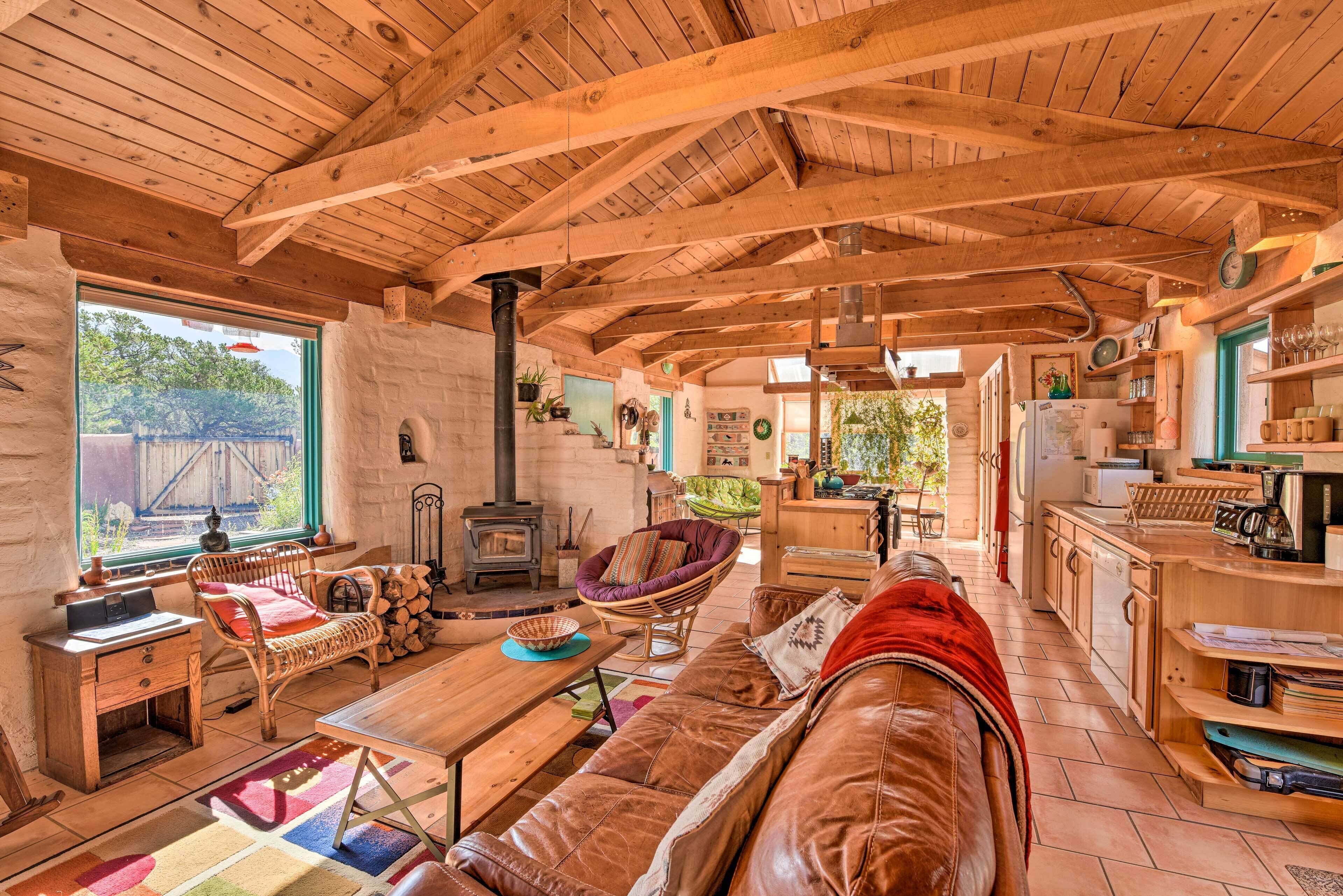 TV, fireplace, books, music library