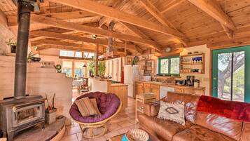 TV, fireplace, books, music library