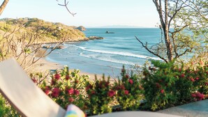 Une vue sur la plage, avec une chaise et une bouteille aux couleurs vives, le tout entouré de verdure.