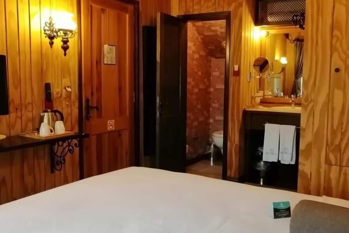 A wooden-paneled room with a bed, a television, a small table with a plate and cups, and a bathroom visible through an open door.
