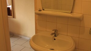A bathroom with a white sink, a mirror, and a shower enclosure. - Hôtel Beau Rivage (Douala)