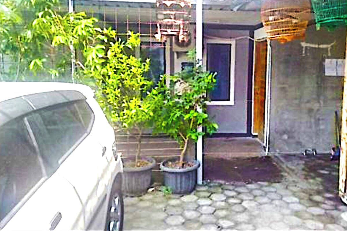 A white car parked in a driveway with potted plants and a small garden area.