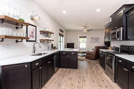 Fridge, microwave, oven, stovetop. Cabin 13 @ Trails Edge (Pet-Friendly)