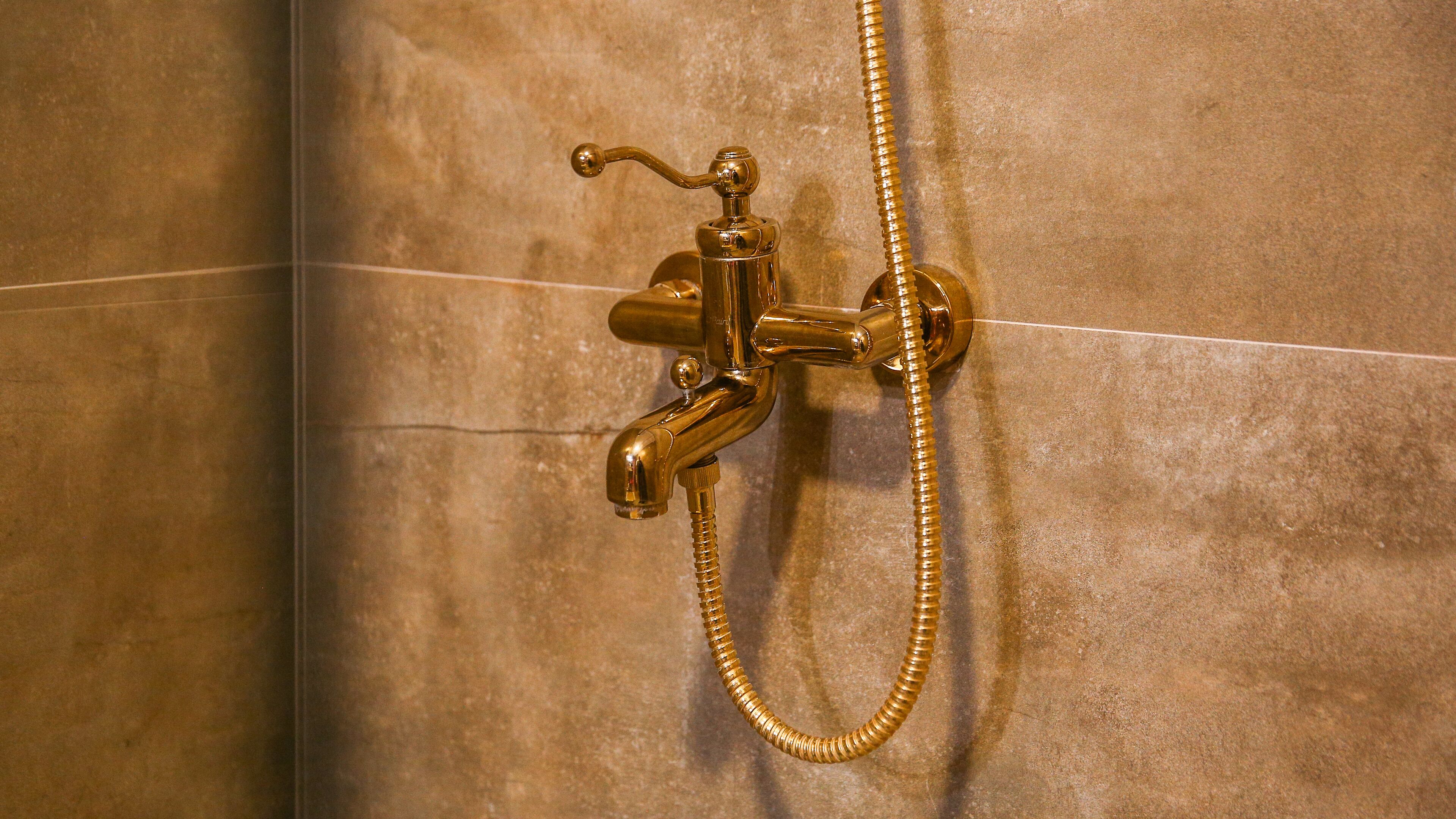 A gold-colored shower fixture with a handheld showerhead and hose against a tiled wall.