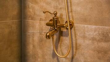 A gold-colored shower fixture with a handheld showerhead and hose against a tiled wall.
