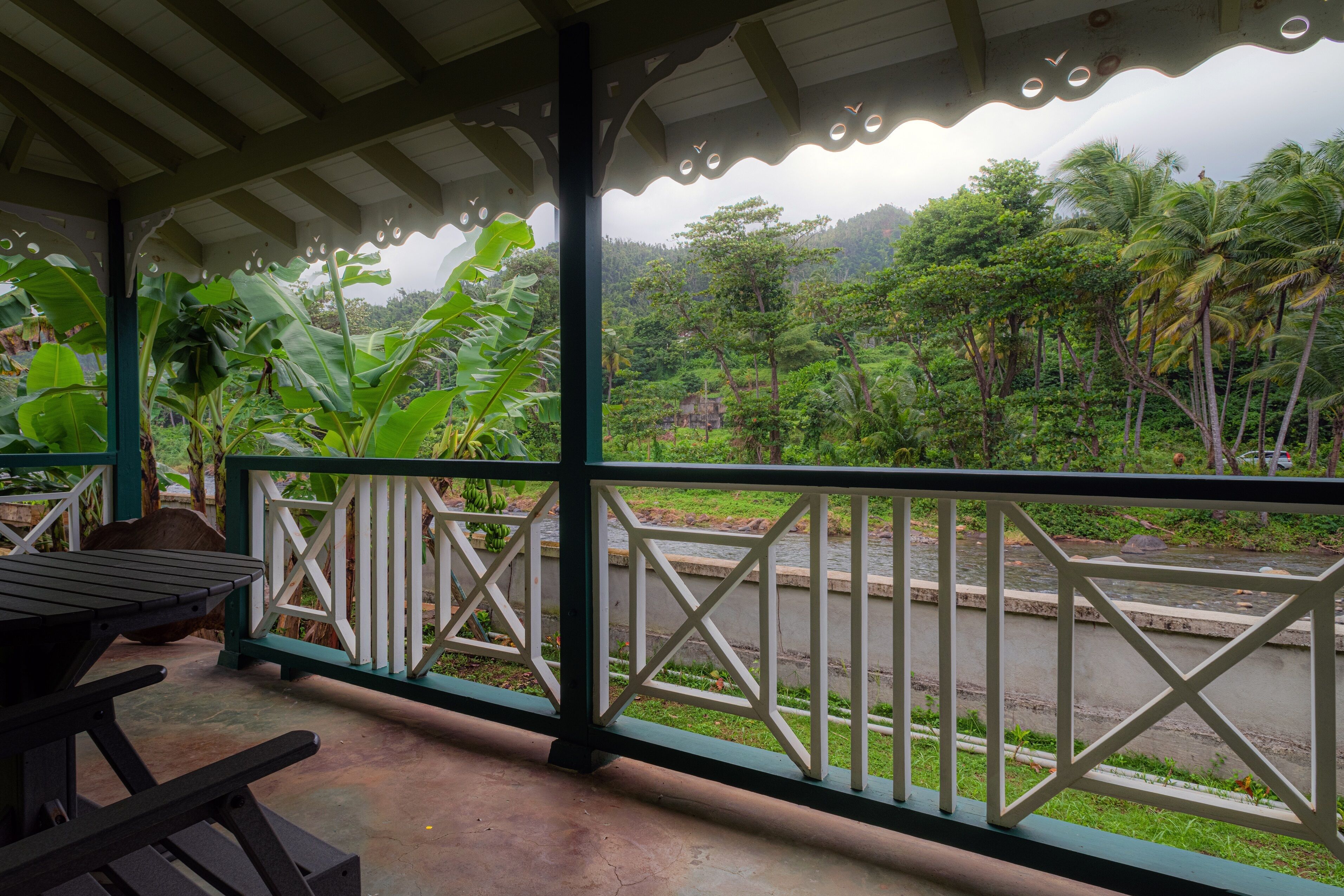 A covered outdoor area with a view of a road and lush greenery, including banana plants and palm trees.