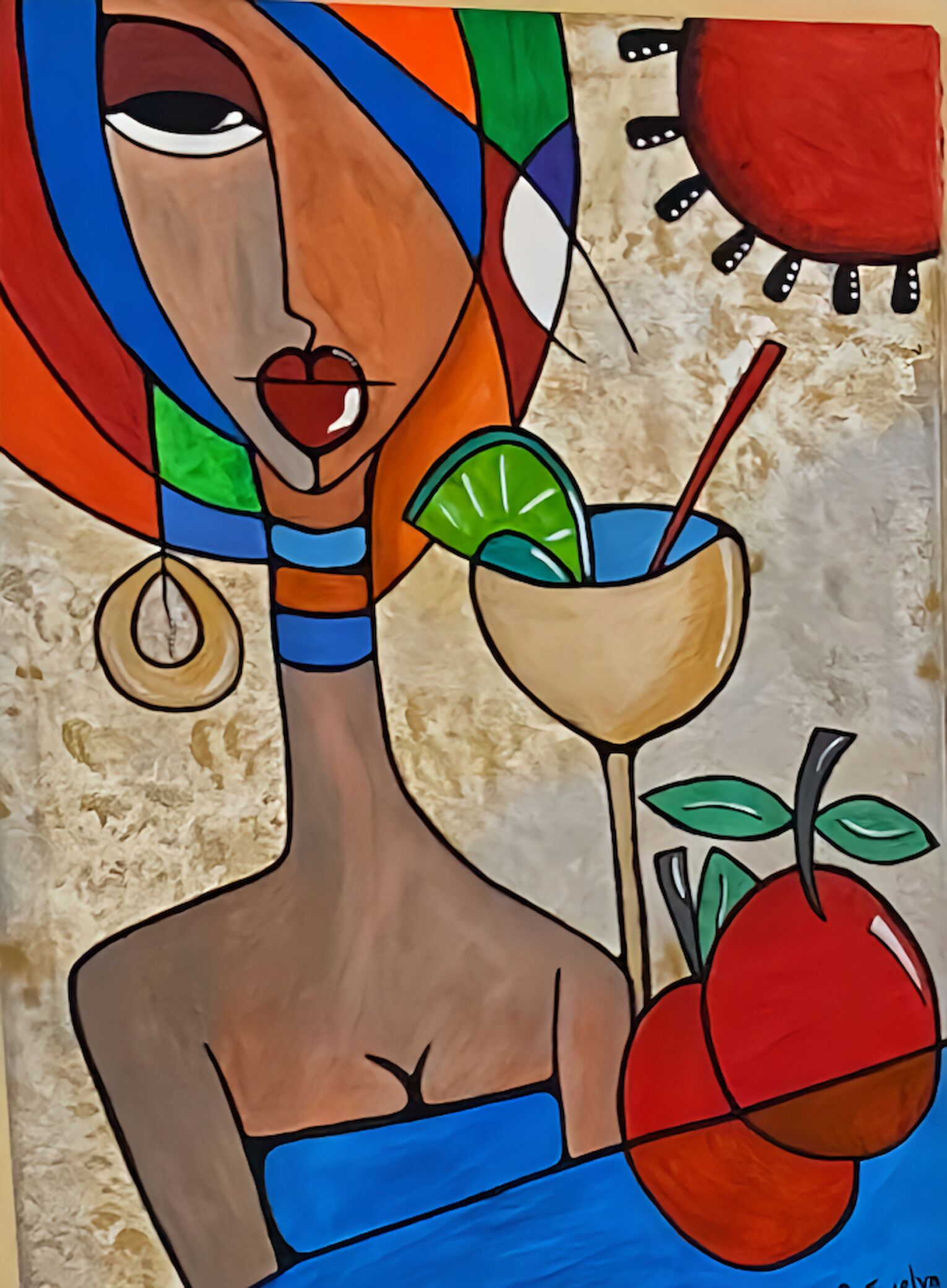 Un tableau représentant une femme tenant une boisson avec une paille et un fruit.