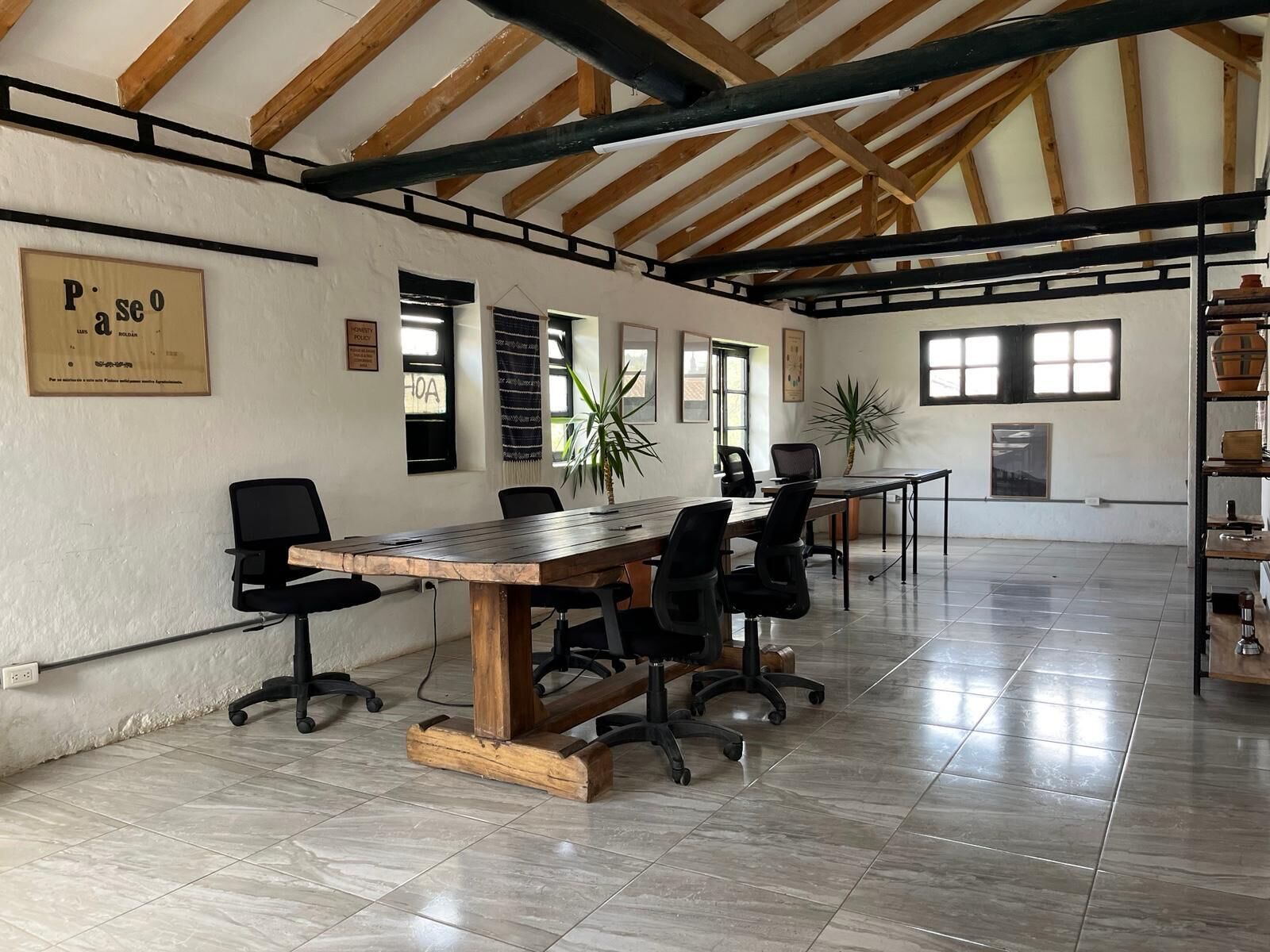 A conference room with a wooden table, black office chairs, a potted plant, and a bookshelf with books and decorative items.