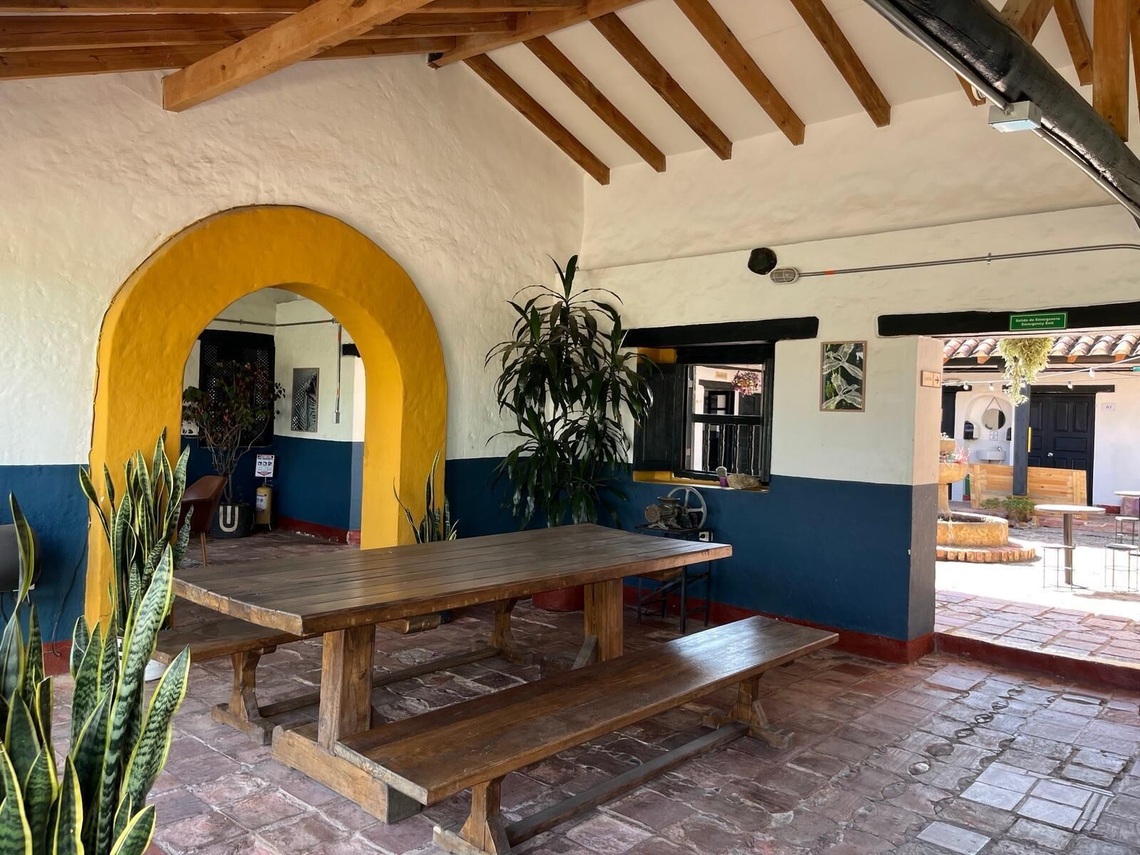 Un interior rústico con un banco de madera, un arco amarillo y plantas en macetas.