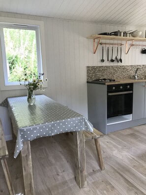 Fridge, microwave, stovetop, electric kettle