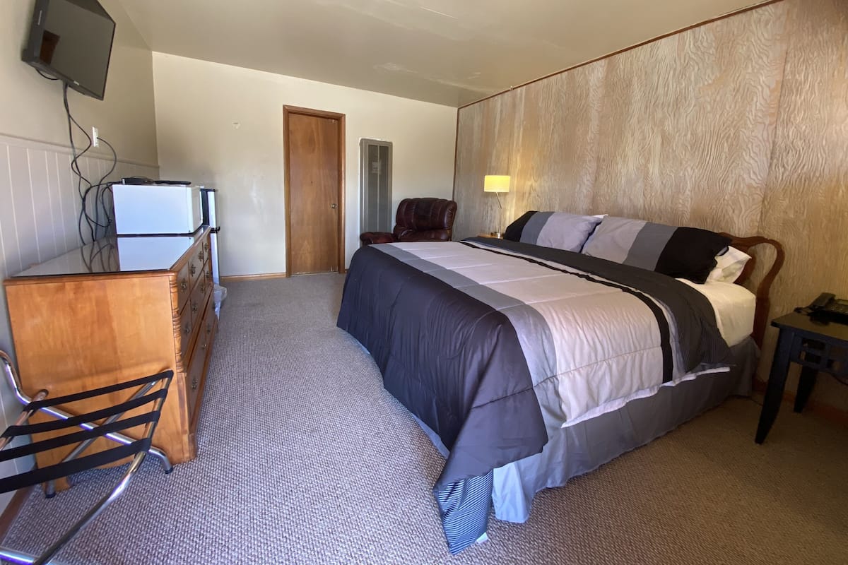 Une chambre d’hôtel avec un lit, un bureau, une chaise, une télévision et une porte.