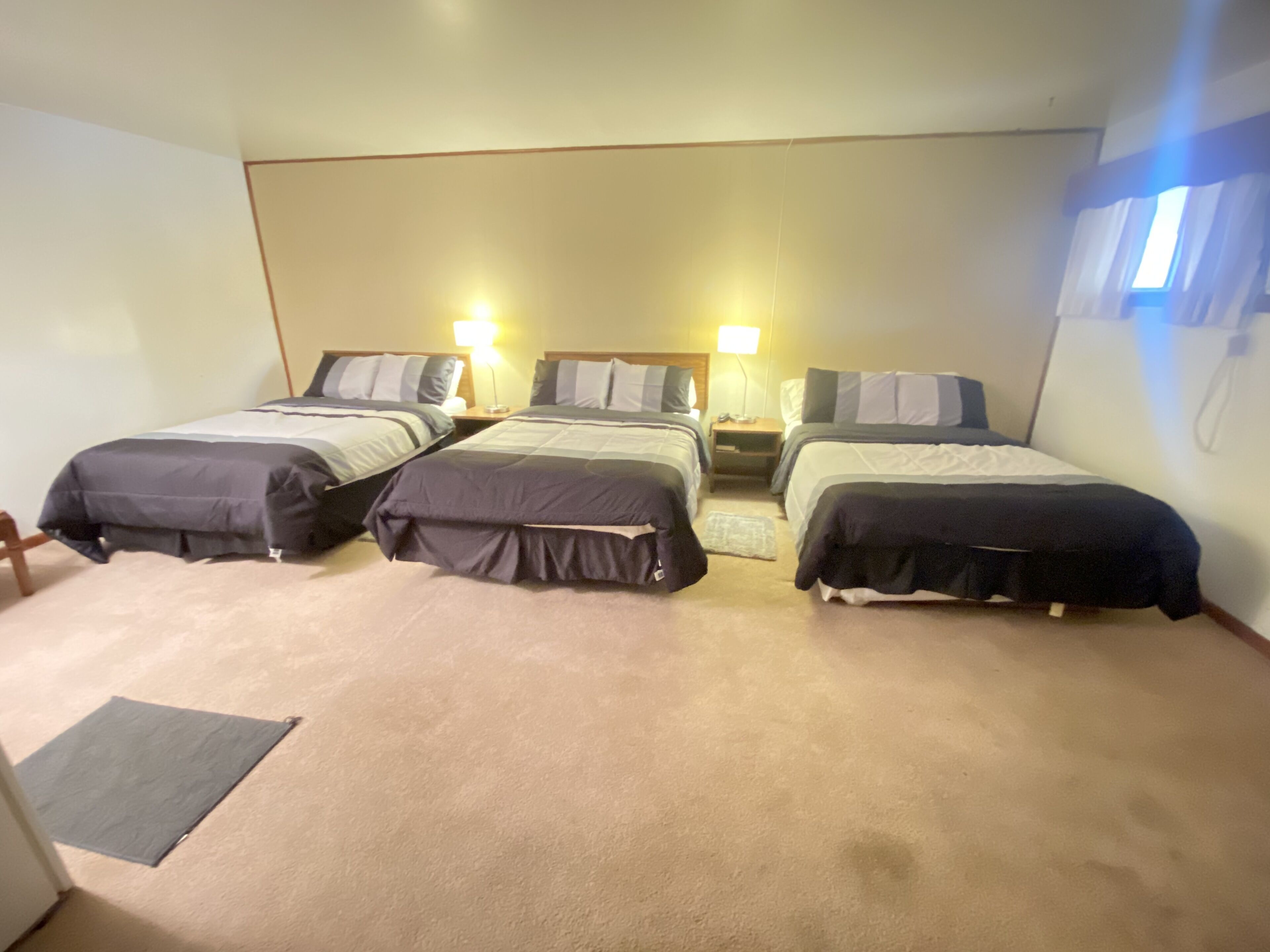 Habitación de hotel con tres camas individuales, cada una con una mesita de noche y lámpara. El suelo está alfombrado y hay una pequeña alfombra frente a las camas.