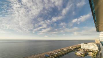 Vista aérea de una ciudad costera con un puerto deportivo, un hotel grande y una playa.
