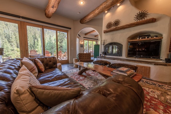 TV, fireplace, DVD player, books