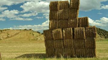 A stack of hay bales in a rural field with rolling hills in the background.